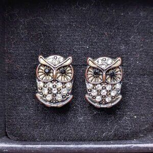 Vintage Crystal Detailed Copper Owl Stud Earrings